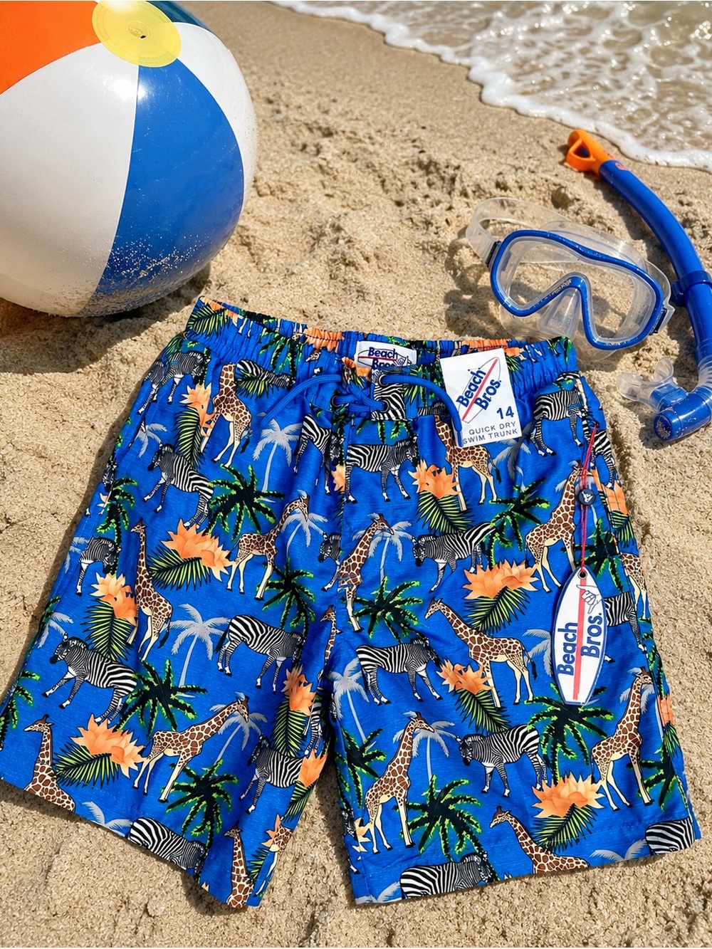 NWT Beach Bros Boys Quick Dry Swim Trunks Size 14 Blue Giraffe Zebra Tropical